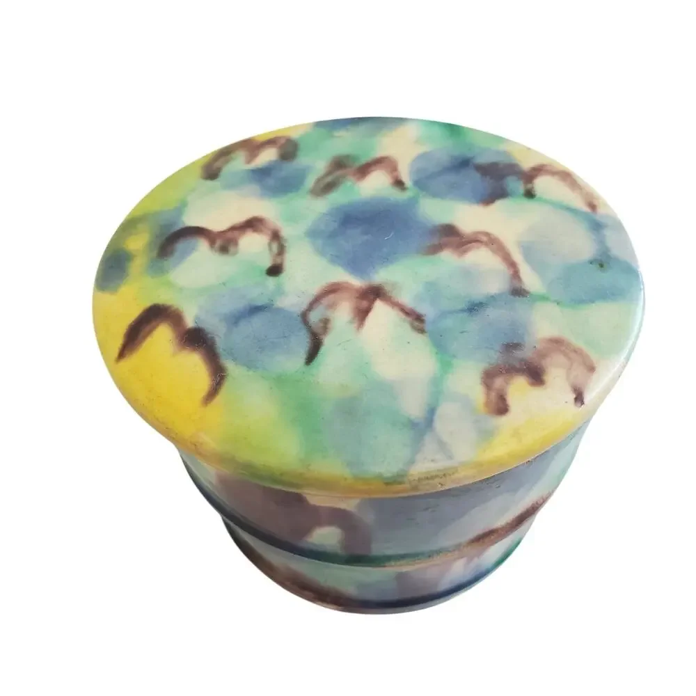Antique 20s Multi Color Ceramic Pot & Lid Japanese Awaji Majolica Spinach Jar